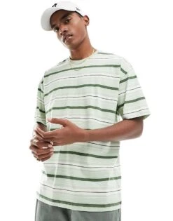 New Look Green Stripe Oversized Tshirt In Green For Men Mid Green