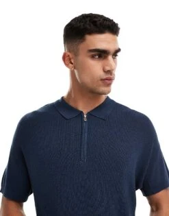 New Look 1/4 Zip Short Sleeve Knitted Polo In Navy For Men