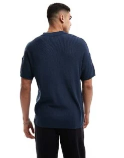 New Look 1/4 Zip Short Sleeve Knitted Polo In Navy For Men -Look Espn Store 205974576 3