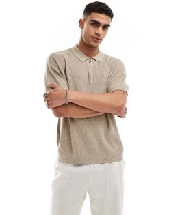 New Look 1/4 Zip Short Sleeve Knitted Polo In Beige For Men Stone -Look Espn Store 205974599 1 stone 1