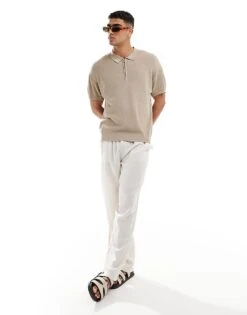 New Look 1/4 Zip Short Sleeve Knitted Polo In Beige For Men Stone -Look Espn Store 205974599 4