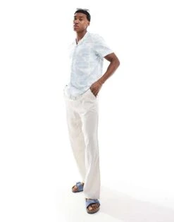 New Look Short Sleeved Abstract Linen Blend Shirt In Light Blue For Men -Look Espn Store 205979523 3