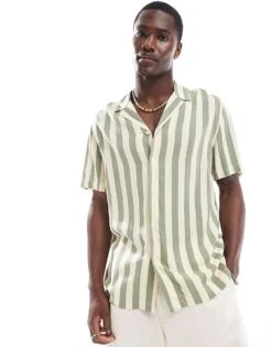 New Look Short Sleeved Tom Striped Shirt In Light Green For Men