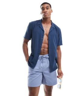 New Look Short Sleeved Soft Seersucker Shirt In Navy For Men -Look Espn Store 205985856 1 navy 1