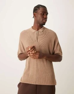 New Look Short Sleeve 1/4 Zip Polo In Camel For Men -Look Espn Store 206007063 1 camel 1
