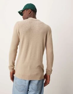 New Look Long Sleeve 1/4 Zip Polo In Stone For Men -Look Espn Store 206007075 3