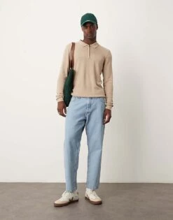 New Look Long Sleeve 1/4 Zip Polo In Stone For Men -Look Espn Store 206007075 4