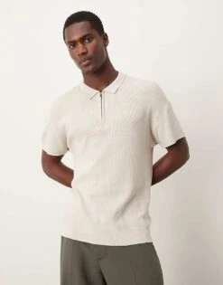 New Look Short Sleeve 1/4 Zip Polo In Stone For Men