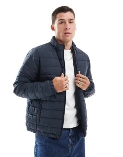 New Look Lightweight Funnel Neck Puffer Jacket In Navy For Men