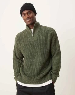 New Look 1/4 Zip Fisherman Jumper In Khaki For Men -Look Espn Store 206096736 1 khaki 1