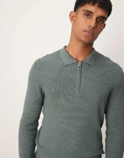 New Look Long Sleeve 1/4 Zip Polo In Khaki For Men -Look Espn Store 206096753 1 khaki 1