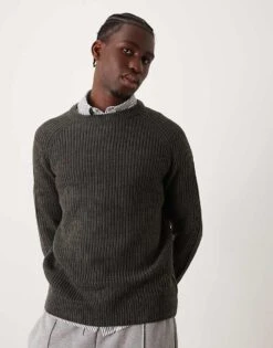 New Look Fisherman Crew Neck Jumper In Dark Grey For Men