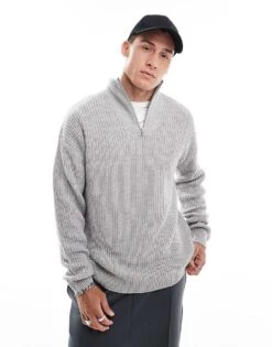 New Look 1/4 Zip Fisherman Jumper In Light Grey For Men -Look Espn Store 206096817 1 lightgrey 1