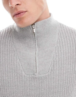 New Look 1/4 Zip Fisherman Jumper In Light Grey For Men -Look Espn Store 206096817 3