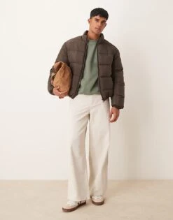 New Look Padded Puffer Jacket In Dark Brown For Men