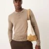 New Look Long Sleeve Knitted Polo In Brown For Men