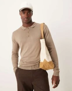 New Look Long Sleeve Knitted Polo In Brown For Men