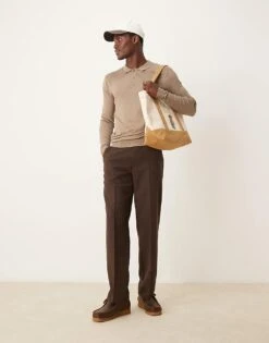 New Look Long Sleeve Knitted Polo In Brown For Men -Look Espn Store 206153359 4