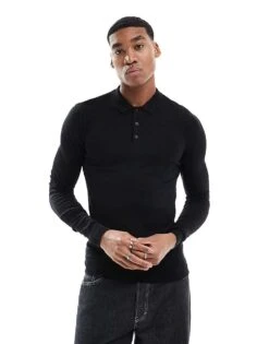 New Look Long Sleeve Knitted Polo In Black For Men
