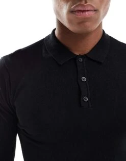 New Look Long Sleeve Knitted Polo In Black For Men -Look Espn Store 206153360 3