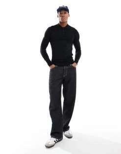 New Look Long Sleeve Knitted Polo In Black For Men -Look Espn Store 206153360 4