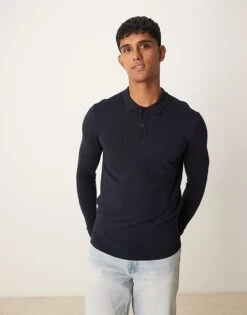 New Look Long Sleeve Knitted Polo In Navy For Men -Look Espn Store 206153375 1 navy 1