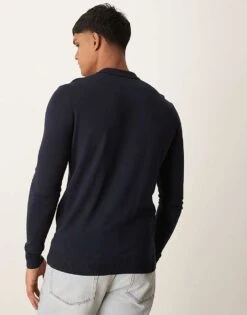 New Look Long Sleeve Knitted Polo In Navy For Men -Look Espn Store 206153375 4