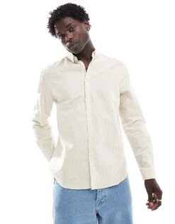 New Look Long Sleeve Shirt In Stone And White Stripe For Men