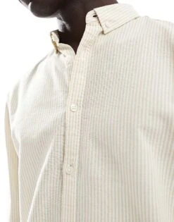 New Look Long Sleeve Shirt In Stone And White Stripe For Men -Look Espn Store 206934338 4