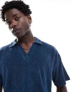 New Look Towelling Revere Shirt Co-ord In Navy For Men -Look Espn Store 206945797 1 navy 1