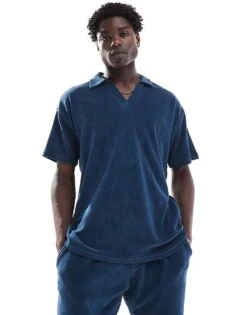 New Look Towelling Revere Shirt Co-ord In Navy For Men -Look Espn Store 206945797 3