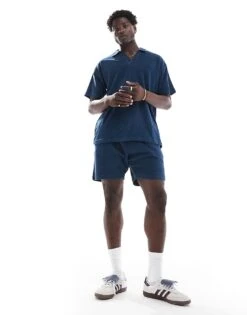 New Look Towelling Revere Shirt Co-ord In Navy For Men -Look Espn Store 206945797 4