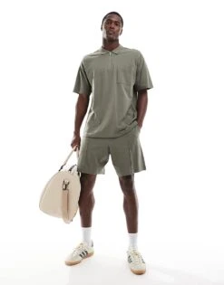 New Look Pique Polo Shirt & Short Set In Khaki