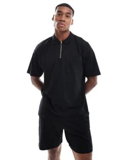 New Look 1/4 Zip Pique Polo Shirt Co-ord In Black For Men -Look Espn Store 206991501 1 black 1