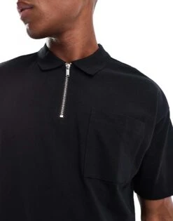 New Look 1/4 Zip Pique Polo Shirt Co-ord In Black For Men -Look Espn Store 206991501 3