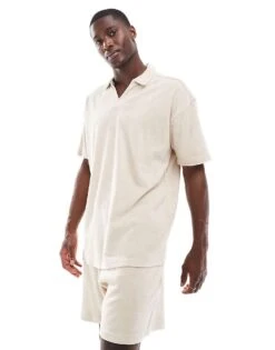 New Look Towelling Revere Shirt Co-ord In Stone For Men -Look Espn Store 207074943 1 stone 1