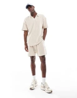 New Look Towelling Revere Shirt Co-ord In Stone For Men -Look Espn Store 207074943 3