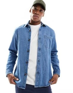 New Look Oversized Heavyweight Denim Shirt In Mid Blue For Men -Look Espn Store 207172083 1 midblue 1
