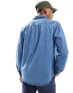 New Look Oversized Heavyweight Denim Shirt In Mid Blue For Men -Look Espn Store 207172083 3