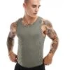 New Look Muscle Fit Rib Vest In Dark Khaki For Men