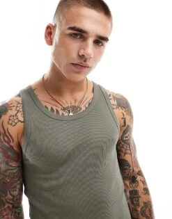 New Look Muscle Fit Rib Vest In Dark Khaki For Men -Look Espn Store 207250080 3