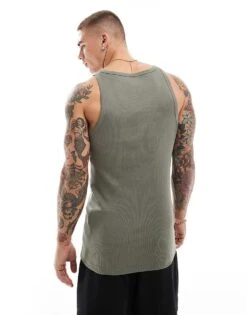 New Look Muscle Fit Rib Vest In Dark Khaki For Men -Look Espn Store 207250080 4