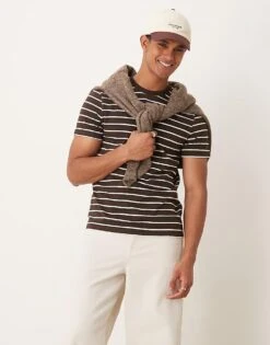 New Look Stripe T-shirt In Brown And White For Men Multi