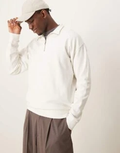 New Look 1/4 Zip Funnel Neck In Off White For Men