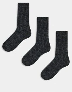 New Look 3 Pack Heavyweight Ribbed Socks In Black For Men
