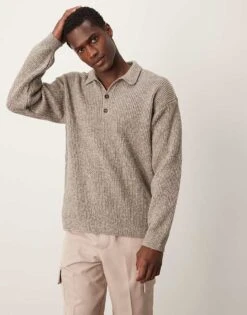 New Look Fisherman Knit Polo In Stone For Men