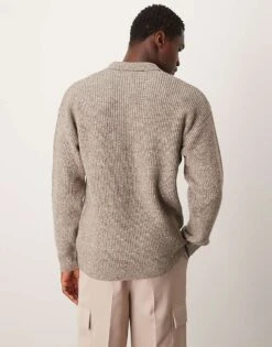 New Look Fisherman Knit Polo In Stone For Men -Look Espn Store 207331007 4