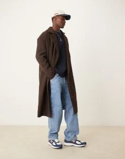 New Look Double Breasted Overcoat In Dark Brown For Men