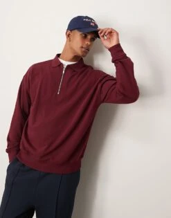 New Look 1/4 Zip Polo Sweatshirt In Burgundy For Men Dark Red