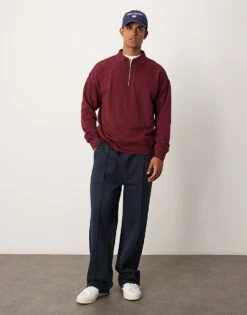 New Look 1/4 Zip Polo Sweatshirt In Burgundy For Men Dark Red -Look Espn Store 207331259 3